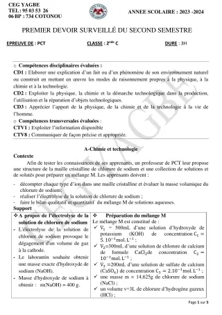 Première page de PCT 2nde C — 1er devoir surveillé, 2e semestre (2023-2024) · CEG Yagbe