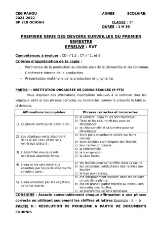 Première page de SVT 5e — 1er devoir surveillé, 1er semestre (2021-2022) · CEG PAHOU