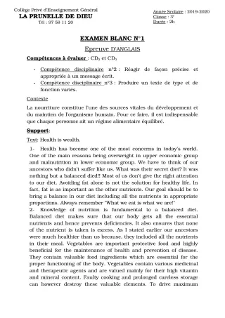 Première page de Examen Blanc de ANGLAIS — 3e, 3e ML — CEPG La Prunelle de Dieu (2019)