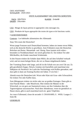 Première page de Devoir surveillé de ALLEMAND — 2nde A1, 2nde A2, 2nde B — CEG 1 Agatogbo (2020)