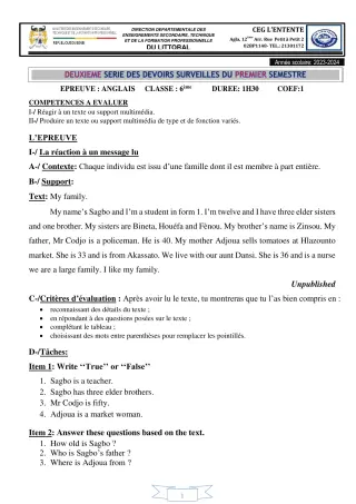 Première page de Anglais 6e, 5e, 4e, 3e, 2nde A2, 2nde B, 2nde C, 2nde D, 1ère B, 1ère C, 1ère D, Tle A2, Tle B, Tle C, Tle D — 2e devoir surveillé, 1er semestre (2023-2024) · CEG L'Entente