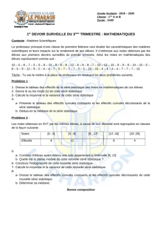 Première page de Mathématiques 1ère A, 1ère B — 1er devoir surveillé, 3e trimestre (2019-2020) · CPEG LE PHARAON
