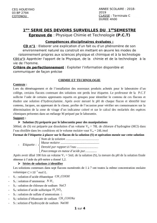Première page de PCT Tle C — 1er devoir surveillé (2018-2019) · CEG HOUEYIHO