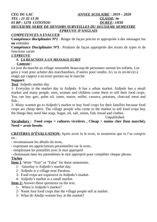 Première page de Anglais 6e — 2e devoir surveillé, 2e semestre (2019-2020) · CEG du Lac