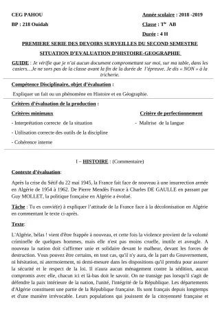 Première page de Histoire-Géographie Tle A1, Tle A2, Tle B — 1er devoir surveillé, 2e semestre (2018-2019) · CEG PAHOU