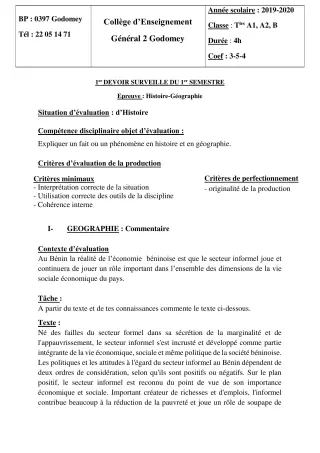 Première page de Histoire-Géographie Tle A2, Tle B, Tle EFS — 1er devoir surveillé, 1er semestre (2019-2020) · CEG2 Godomey