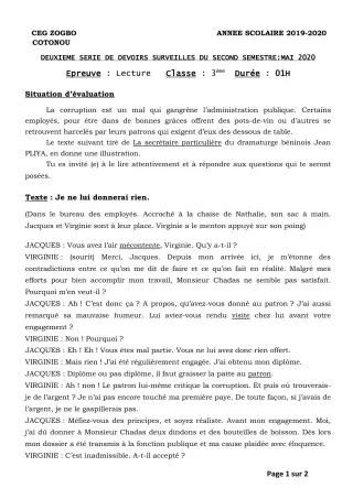 Première page de Français 3e, 3e ML — 2e devoir surveillé, 2e semestre (2019-2020) · CEG ZOGBO