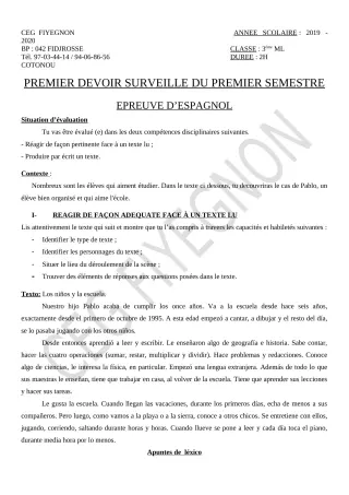 Première page de Espagnol 3e ML — 1er devoir surveillé, 1er semestre (2019-2020) · CEG FIYEGNON