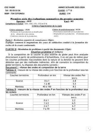 Première page de SVT 1ère D — 1re évaluation sommative, 1er semestre (2023-2024) · CEG Yagbe