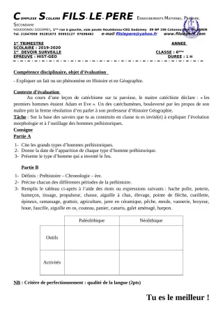 Première page de Histoire-Géographie 6e — 1er devoir surveillé, 1er trimestre (2019-2020) · CPEG Fils-Le-Père