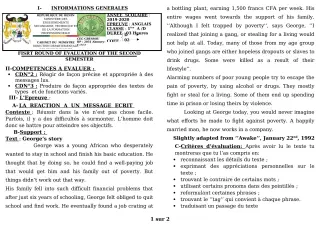 Première page de Devoir surveillé de ANGLAIS — 1ère A1, 1ère A2, 1ère D — CEG GBESSOU (2019)