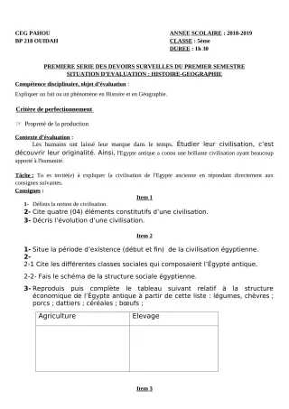 Première page de Histoire-Géographie 5e — 1er devoir surveillé, 1er semestre (2018-2019) · CEG PAHOU