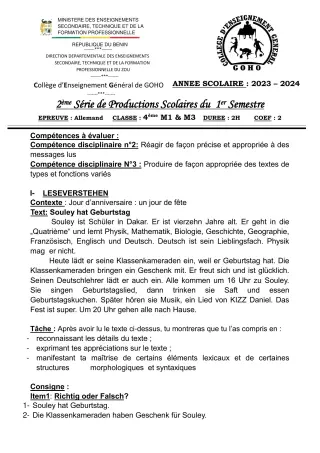 Première page de Allemand 4e — 2e production scolaire, 1er semestre (2023-2024) · CEG GOHO