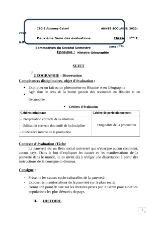 Première page de Histoire-Géographie 1ère C — 2e évaluation sommative, 2e semestre (2022-2023) · CEG2 ABOMEY - CALAVI (CEG ZOCA)