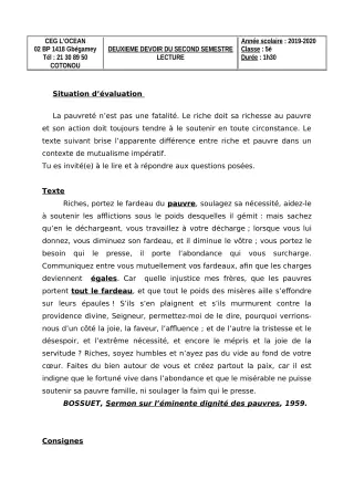 Première page de Français 5e — 2e devoir surveillé, 2e semestre (2019-2020) · CEG l'Océan