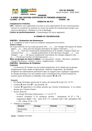 Première page de PCT 4e — Devoir surveillé, 1er semestre (2022-2023) · CEG SEKERE