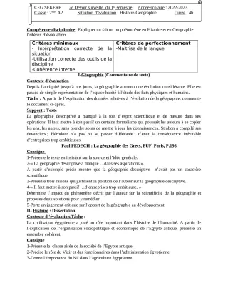 Première page de Histoire-Géographie 2nde A2 — 2e devoir surveillé, 1er semestre (2022-2023) · CEG SEKERE