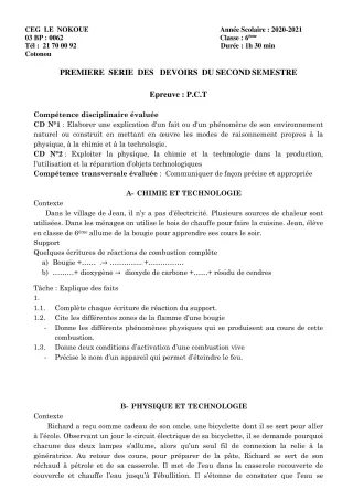 Première page de PCT 6e — 1er devoir surveillé, 2e semestre (2020-2021) · CEG LE NOKOUE