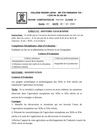 Première page de Histoire-Géographie 3e — Composition (2020-2021) · CPEG Roger LAFIA