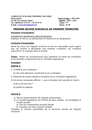 Première page de Histoire-Géographie 6e, 5e, 4e — 1er devoir surveillé, 1er trimestre (2019-2020) · CPEG Frédéric Macaire