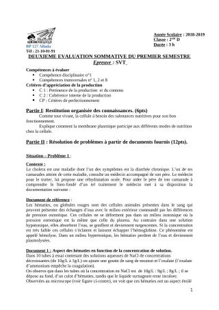 Première page de SVT 2nde D — 2e évaluation sommative, 1er semestre (2018-2019) · CEG Sékou