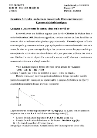 Première page de Mathématiques 5e — 2e production scolaire, 2e semestre (2019-2020) · CEG SEGBEYA