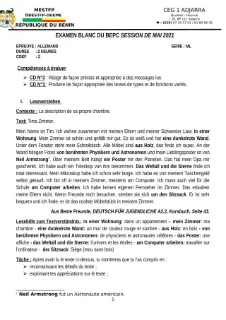 Première page de Examen Blanc de ALLEMAND — 3e ML — CEG1 Adjarra (2020)