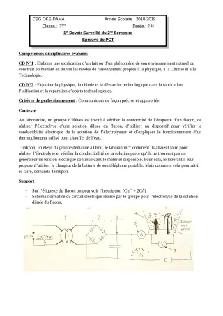 Première page de PCT 3e — Devoir surveillé, 2e semestre (2018-2019) · CEG OKEDAMA