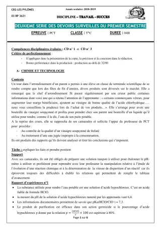 Première page de PCT Tle C — 2e devoir surveillé, 1er semestre (2018-2019) · CEG Les Pylônes