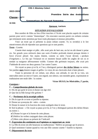 Première page de Français 6e — 1re évaluation sommative, 2e semestre (2023-2024) · CEG2 ABOMEY - CALAVI (CEG ZOCA)