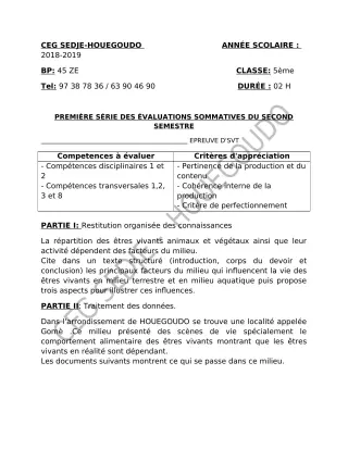 Première page de SVT 4e, 4e ML — 1re évaluation sommative, 2e semestre (2018-2019) · CEG Sèdjè-Houègoudo