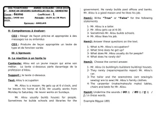 Première page de Anglais 6e — Devoir surveillé, 2e semestre (2018-2019) · CEG Tchatchou