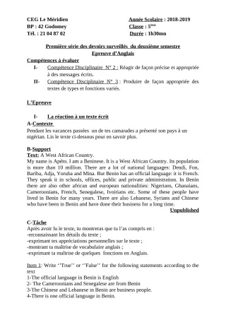 Première page de Anglais 5e — 1er devoir surveillé, 2e semestre (2018-2019) · CEG Le Méridien