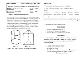 Première page de Mathématiques 5e — 1er devoir surveillé, 1er semestre (2020-2021) · CEG SEKERE