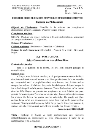 Première page de Philosophie Tle A1, Tle A2, Tle B — 1er devoir surveillé, 1er semestre (2020-2021) · CEG Kouhounou-Vêdoko