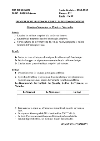 Première page de Histoire-Géographie 5e — 1er devoir surveillé, 2e semestre (2022-2023) · CEG LE NOKOUE