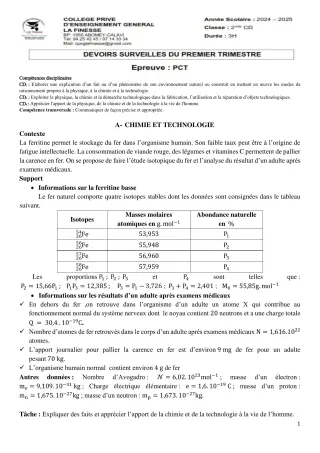 Première page de PCT 2nde C, 2nde D — Devoir surveillé, 1er trimestre (2024-2025) · CPEG La Finesse
