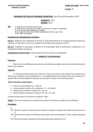 Première page de PCT 3e — Composition, 1er semestre (2019-2020) · CEG Ganvié