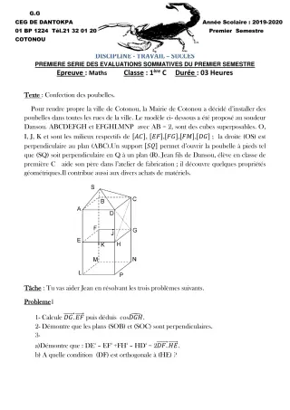 Première page de Mathématiques 1ère C — 1re évaluation sommative, 1er semestre (2019-2020) · CEG Dantokpa