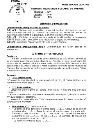 Première page de PCT 6e, 5e, 4e, 3e, 3e ML, 2nde A, 2nde D, 1ère A, 1ère D, Tle A, Tle D — 1re production scolaire, 1er semestre (2020-2021) · CEG Perma