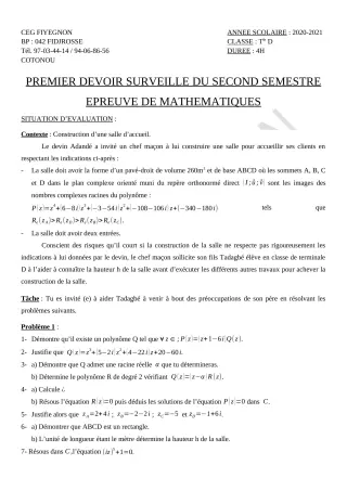 Première page de Mathématiques Tle D — 1er devoir surveillé, 2e semestre (2020-2021) · CEG FIYEGNON