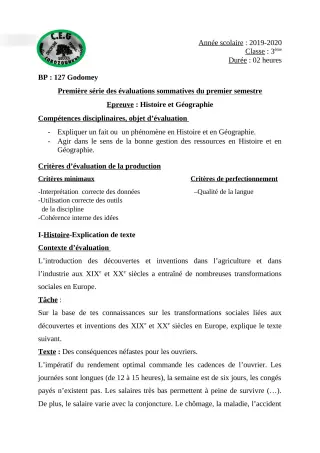Première page de Histoire-Géographie 3e, 3e ML — 1re évaluation sommative, 1er semestre (2019-2020) · CEG Lobozounkpa