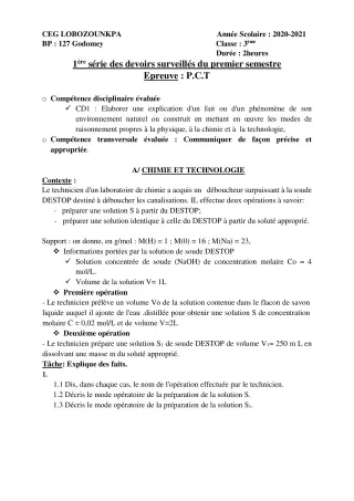 Première page de PCT 3e — 1er devoir surveillé, 1er semestre (2020-2021) · CEG Lobozounkpa