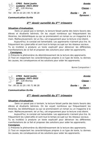 Première page de Français 4e, 1ère A2, 1ère B, 1ère C, 1ère D — 2e devoir surveillé, 2e trimestre (2021-2022) · CPEG SAINT Justin