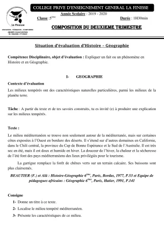 Première page de Histoire-Géographie 5e — Composition, 2e trimestre (2019-2020) · CPEG La Finesse