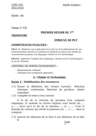 Première page de PCT 1ère C, 1ère D — 1er devoir surveillé, 1er trimestre (2022-2023) · CPEG Frédéric Macaire