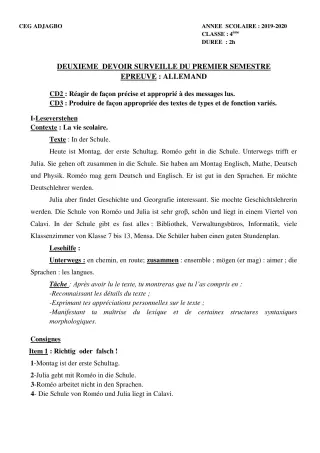 Première page de Allemand 4e ML, 3e ML — 2e devoir surveillé, 1er semestre (2019-2020) · CEG ADJAGBO