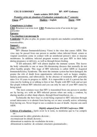 Première page de Anglais 3e, 3e ML — Évaluation sommative, 1er semestre (2019-2020) · CEG2 Godomey