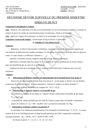 Première page de PCT 1ère C, 1ère D — 2e devoir surveillé, 1er semestre (2020-2021) · CEG FIYEGNON