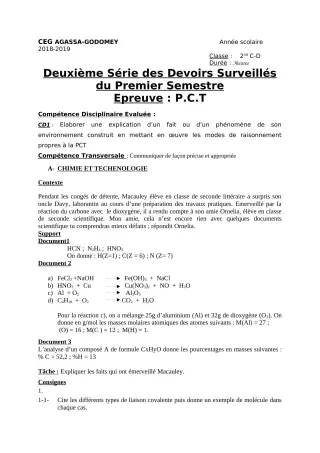 Première page de PCT 2nde C, 2nde D — 2e devoir surveillé, 1er semestre (2018-2019) · CEG Agassa Godomey